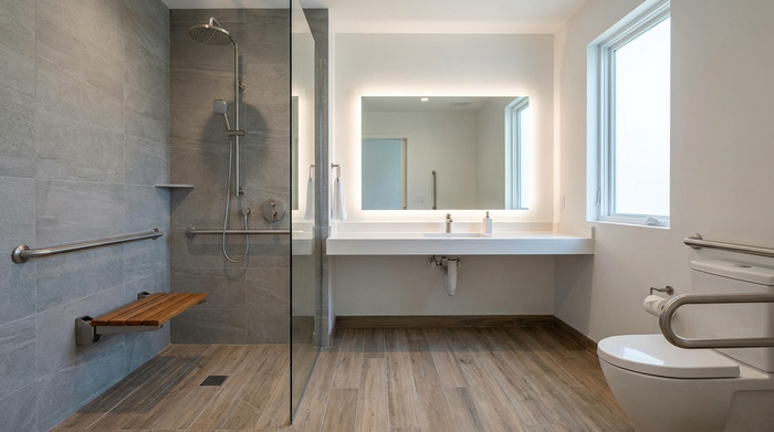 Modernes, barrierefreies Badezimmer mit bodengleicher Dusche, Duschsitz und Haltegriffen