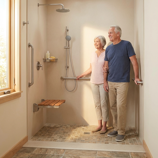 Seniorengerechte bodengleiche Dusche mit rutschfesten Fliesen