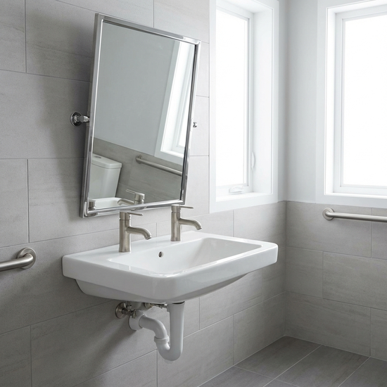 Unterfahrbares Waschbecken mit verlängerten Armaturen und Kippspiegel