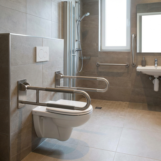 Erhöhtes WC-Becken mit stabilen, an der Wand montierten Stützklappgriffen