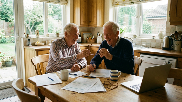 Älteres Ehepaar sitzt gemeinsam am Küchentisch und füllt Antragsformulare aus