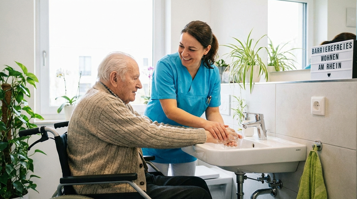 Freundliche Pflegerin hilft einem älteren Herrn im Rollstuhl am unterfahrbaren Waschbecken