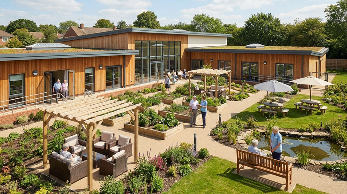 Modernes, barrierefreies Gebäude einer Tagespflegeeinrichtung mit einem gepflegten Garten und gemütlichen Sitzgelegenheiten im Freien