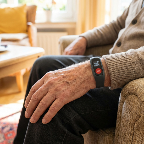 Hausnotruf-Armband am Handgelenk eines Seniors