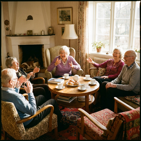 Senioren sitzen in einer gemütlichen Runde zusammen und unterhalten sich angeregt