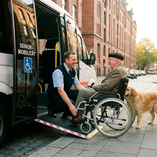 Fahrer eines rollstuhlgerechten Kleinbusses hilft einem Senior freundlich beim Einsteigen