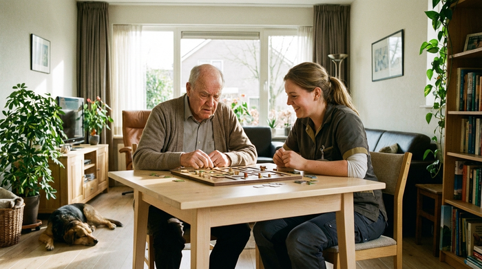 Älterer Herr spielt konzentriert ein Brettspiel mit einer Pflegekraft an einem hellen Holztisch