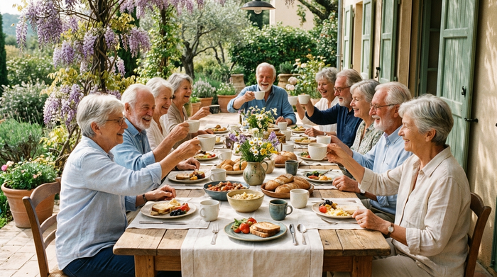 Gemeinsames Frühstück von Senioren an einem schön gedeckten Tisch