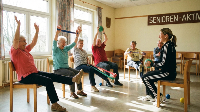 Senioren machen leichte Gymnastikübungen im Sitzen