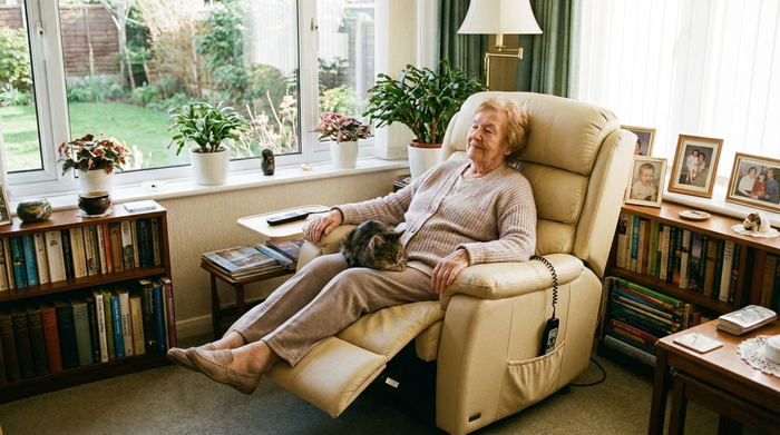 Ältere Dame ruht sich entspannt in einem bequemen Pflegesessel aus