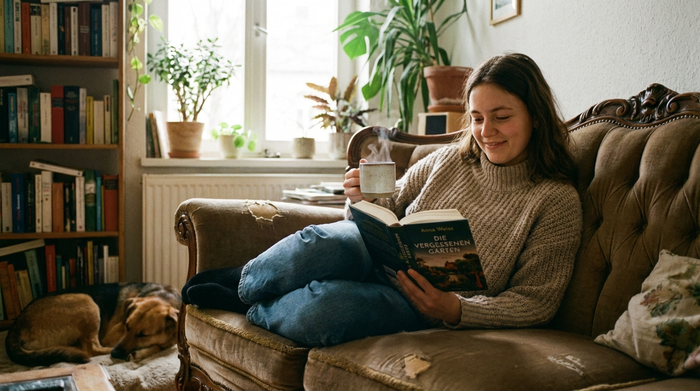 Entspannte Tochter sitzt mit einer Tasse Kaffee auf dem Sofa und liest ein Buch