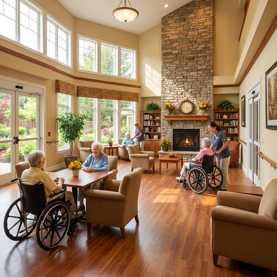 Heller, barrierefreier Aufenthaltsraum einer Pflegeeinrichtung mit großen Fenstern