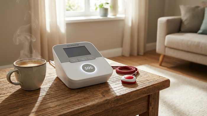 Moderne Hausnotruf-Basisstation auf einem hölzernen Beistelltisch neben einer Kaffeetasse, daneben liegt ein roter Notrufknopf an einer Kordel