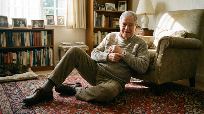 Älterer Herr sitzt nach einem leichten Sturz auf dem Teppich im Wohnzimmer und drückt ruhig den Knopf seines Notruf-Armbands