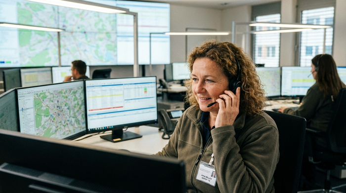 Freundliche Mitarbeiterin in einer Notrufzentrale mit Headset, die konzentriert auf einen Bildschirm schaut