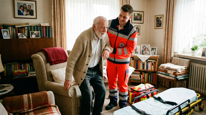 Rettungssanitäter hilft dem älteren Herrn fürsorglich beim Aufstehen im Wohnzimmer