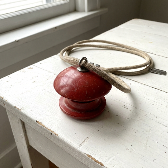 Klassischer roter Notrufknopf als Halskette auf einem weißen Tisch