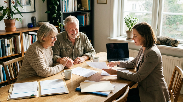 Älteres Ehepaar sitzt gemeinsam mit einer Beraterin am Esstisch und bespricht entspannt Dokumente