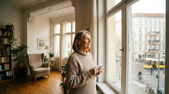 Seniorin blickt entspannt aus dem Fenster einer typischen hellen Berliner Altbauwohnung