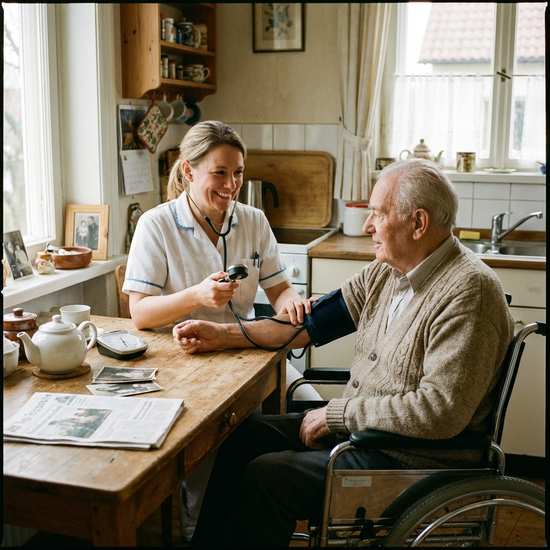 Pflegekraft misst freundlich den Blutdruck eines älteren Herrn am Küchentisch