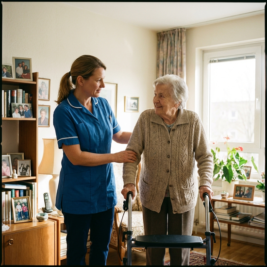 Pflegekraft unterstützt eine Seniorin behutsam beim Gehen in der Wohnung