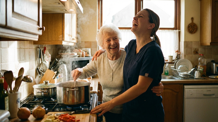 Betreuungskraft und Seniorin kochen gemeinsam und lachen entspannt am Herd