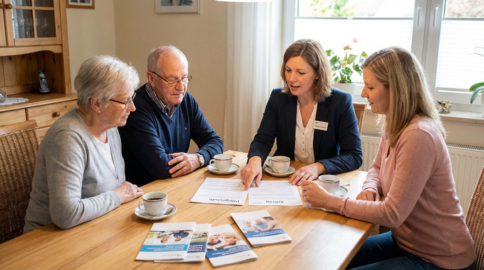 Pflegeberaterin und Familie sitzen mit Dokumenten am Esstisch