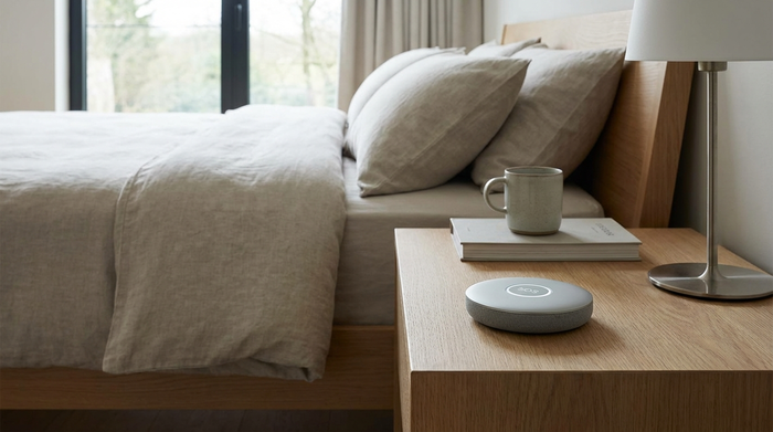 Modernes Hausnotruf-Gerät liegt griffbereit auf einem Nachttisch