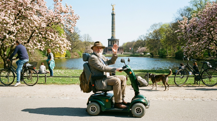 Senior fährt mit Elektromobil entspannt durch einen grünen Berliner Park