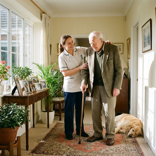 Freundliche Pflegerin hilft älterem Herrn beim Anziehen der Jacke in einem hellen Flur