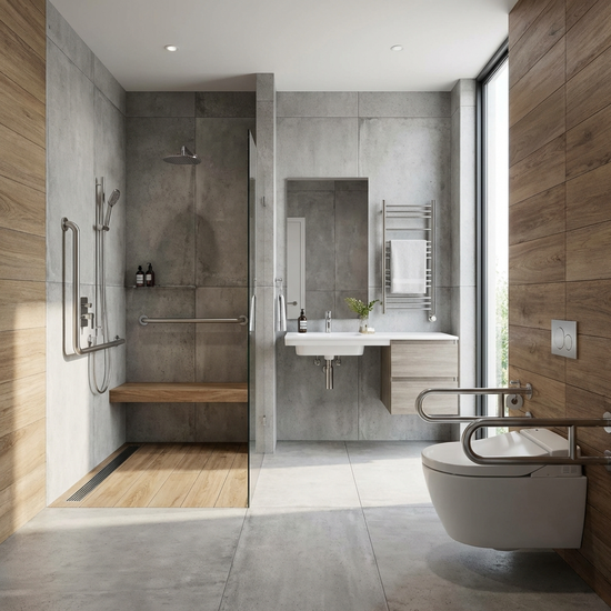 Modernes, barrierefreies Badezimmer mit Haltegriffen und ebenerdiger Dusche