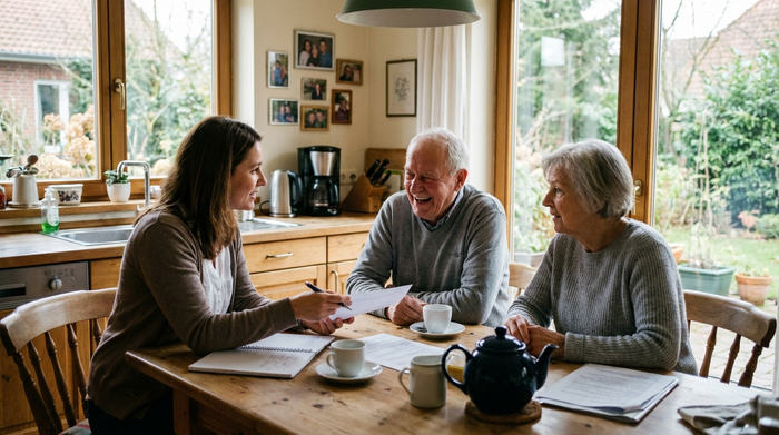 Pflegeberaterin im Gespräch mit Senioren-Ehepaar am Küchentisch