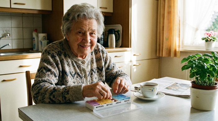 Seniorin bei der täglichen Medikamenteneinnahme mit einem Dosett