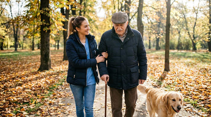 Pflegerin und Senior beim gemeinsamen Spaziergang im Park