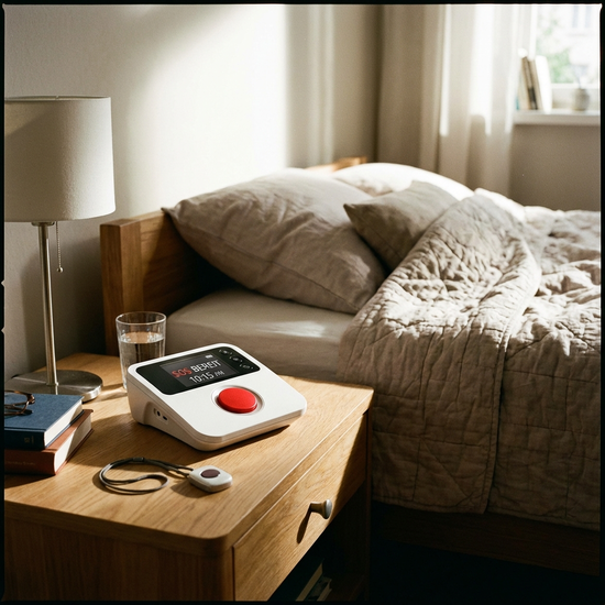 Hausnotruf-Gerät auf einem Nachttisch neben dem Bett