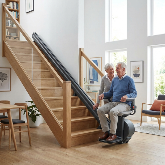 Moderner Treppenlift an einer Holztreppe in einem Wohnhaus