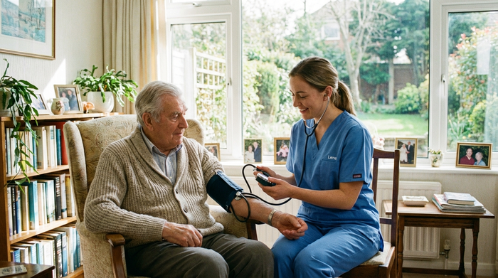 Pflegekraft misst den Blutdruck eines älteren Herrn im hellen Wohnzimmer