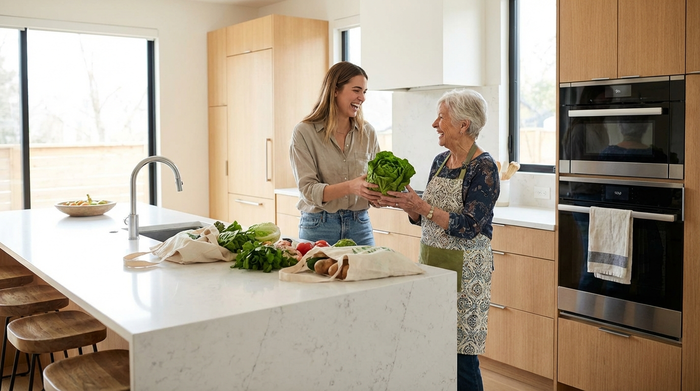 Junge Frau hilft Seniorin beim Einräumen der Einkäufe in einer modernen Küche