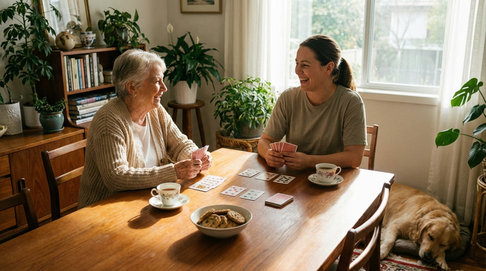 Betreuerin und Senior spielen gemeinsam entspannt Karten am Esstisch