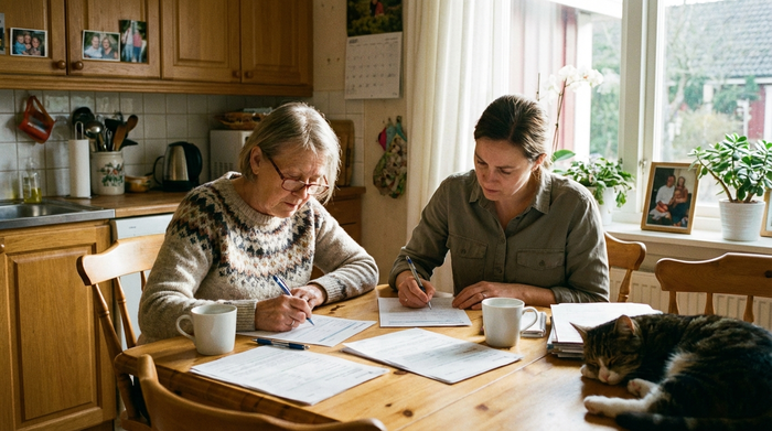 Ältere Dame füllt gemeinsam mit ihrer Tochter konzentriert Formulare am Küchentisch aus