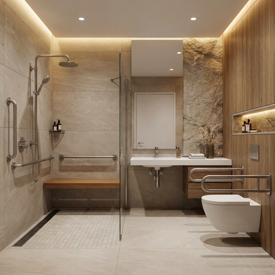 Modernes, barrierefreies Badezimmer mit bodengleicher Dusche und stabilen Haltegriffen