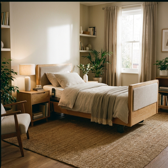 Gemütliches Schlafzimmer mit einem modernen elektrischen Pflegebett und Nachttisch