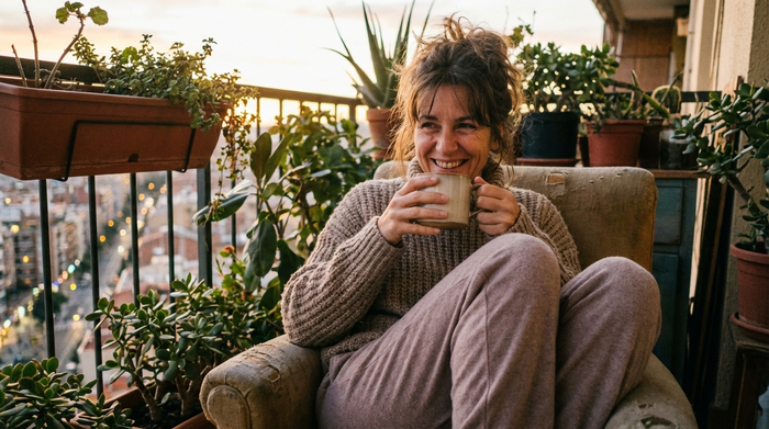 Erschöpfte aber lächelnde Frau trinkt in Ruhe eine Tasse Tee auf dem Balkon