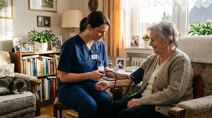 Professionelle Pflegekraft in Dienstkleidung misst den Blutdruck einer älteren Dame im gemütlichen Wohnzimmer