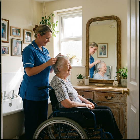 Pflegerin unterstützt Seniorin liebevoll beim Kämmen der Haare vor dem Badezimmerspiegel