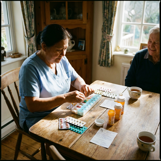 Pflegekraft sortiert sorgfältig Medikamente in eine Tablettenbox auf dem Esstisch