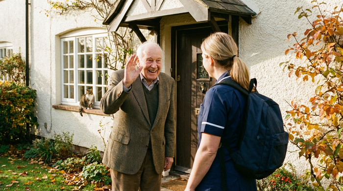 Zufriedener Senior verabschiedet sich lächelnd von seiner Pflegekraft an der Haustür