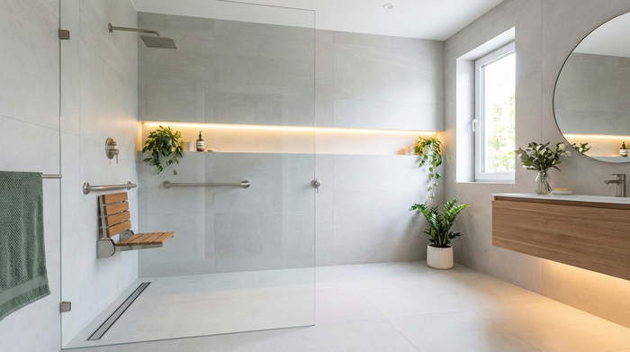 Modernes, helles Badezimmer mit bodengleicher Dusche, Haltegriffen und einem Duschklappsitz