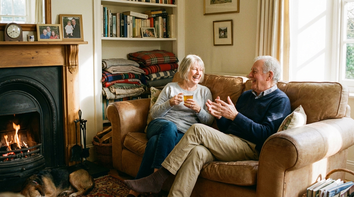 Älteres Ehepaar sitzt entspannt auf dem Sofa im gemütlichen Wohnzimmer und unterhält sich