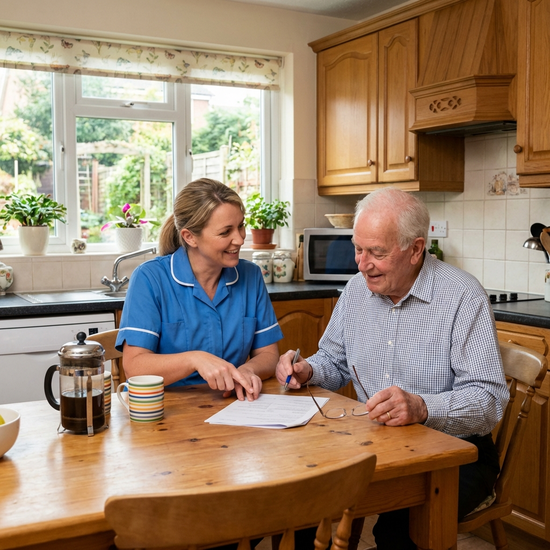 Pflegekraft bespricht Dokumente mit Senior am Küchentisch